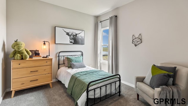 bedroom featuring dark colored carpet