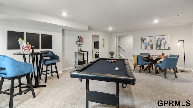 playroom featuring billiards and light colored carpet