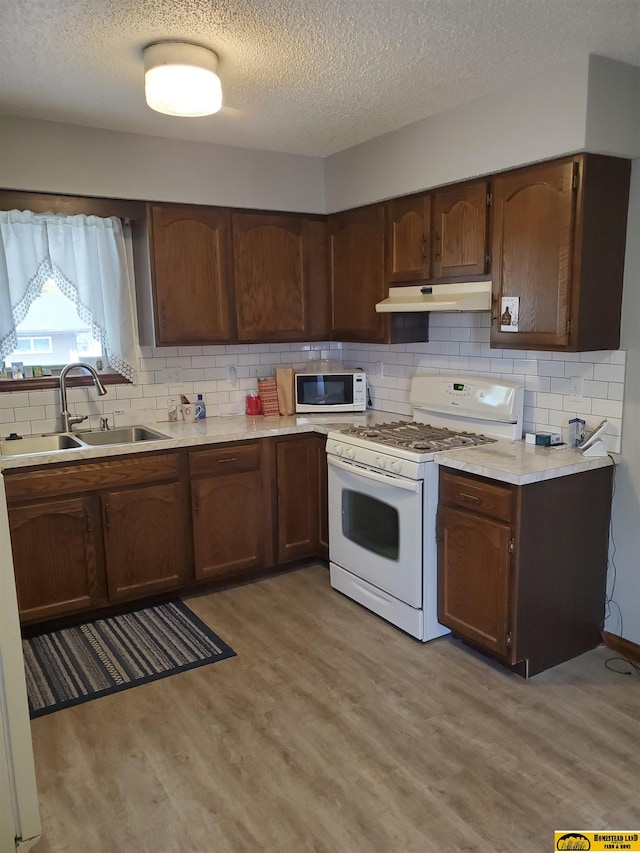 kitchen featuring tasteful backsplash, a textured ceiling, light hardwood / wood-style flooring, sink, and white appliances