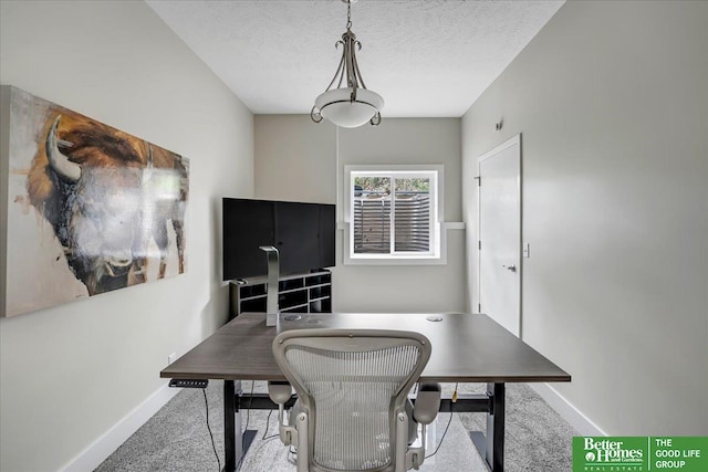 office area with a textured ceiling and light colored carpet