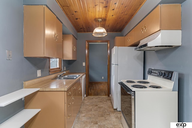 kitchen with wooden ceiling, light wood-type flooring, sink, decorative light fixtures, and white appliances