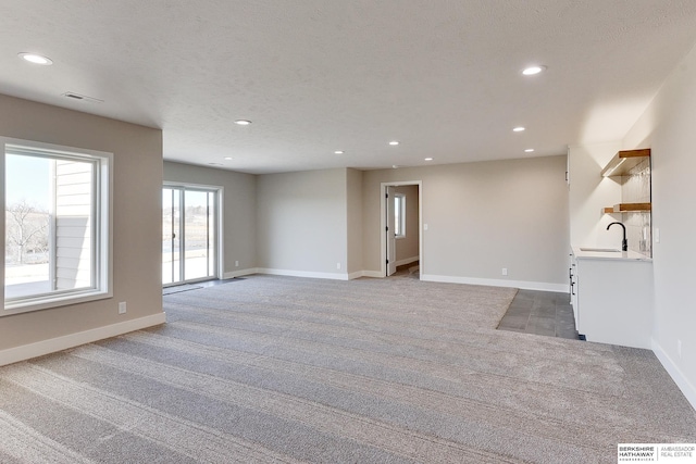 unfurnished living room with sink, carpet floors, and a textured ceiling