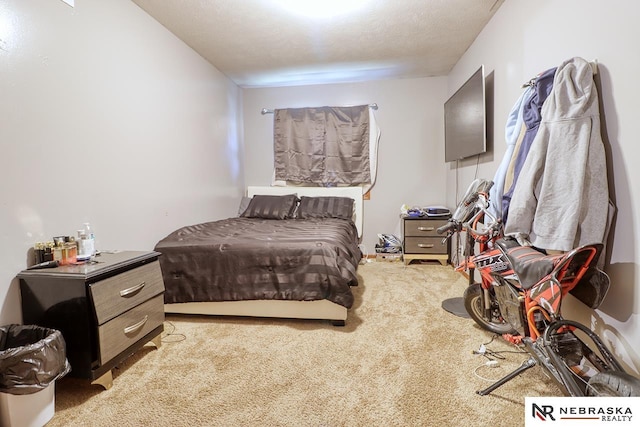 bedroom with a textured ceiling and light colored carpet