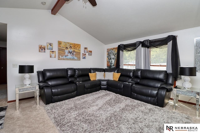 carpeted living room with lofted ceiling with beams and ceiling fan