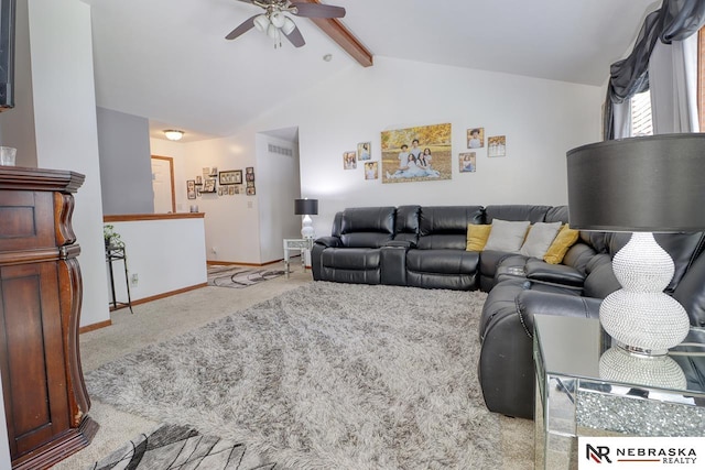 living room featuring ceiling fan, vaulted ceiling with beams, and light colored carpet