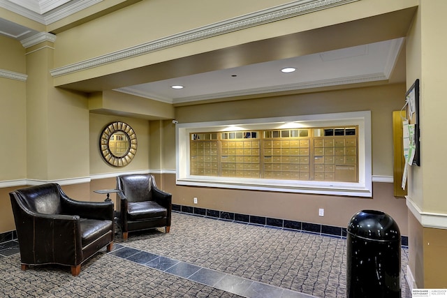 interior space with crown molding, dark tile patterned flooring, and mail boxes