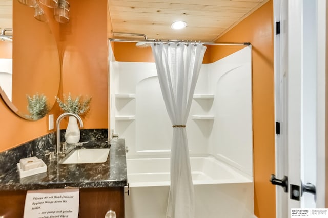 bathroom with vanity, shower / tub combo with curtain, and wooden ceiling