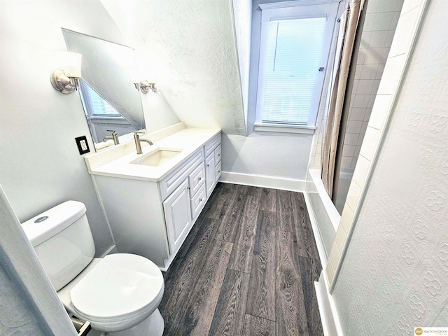 full bathroom with shower / bathing tub combination, vanity, toilet, and wood-type flooring