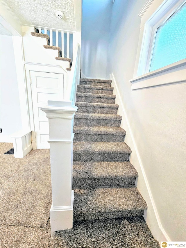 stairs featuring carpet and a textured ceiling