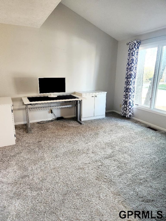 unfurnished office featuring vaulted ceiling and light carpet