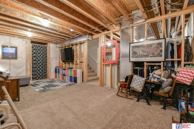 basement with carpet flooring