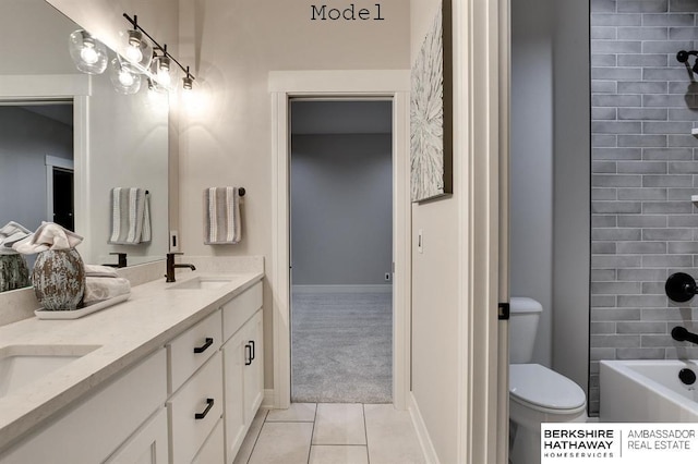 3902 S 212th St, Omaha, NE 68022 - full bathroom with double vanity, tile patterned flooring, toilet, baseboards, and shower / bathtub combination