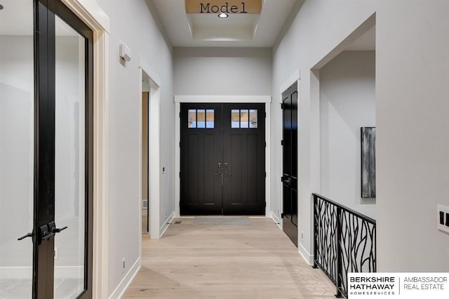 3902 S 212th St, Omaha, NE 68022 - foyer entrance featuring light wood-type flooring, baseboards, and a raised ceiling