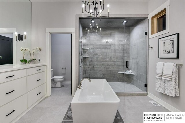 3902 S 212th St, Omaha, NE 68022 - full bathroom with tile patterned flooring, a chandelier, vanity, and a stall shower