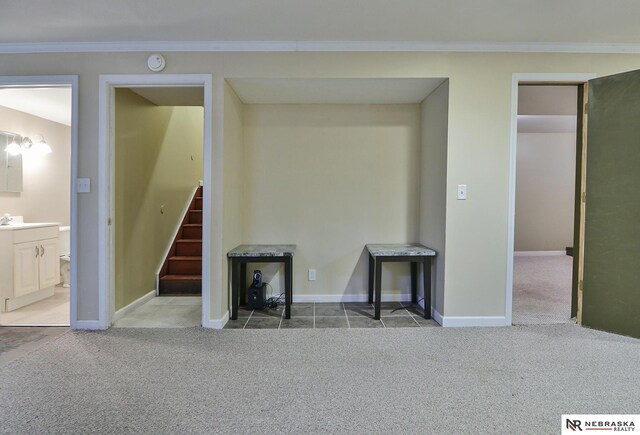 interior space with sink, carpet flooring, and ornamental molding