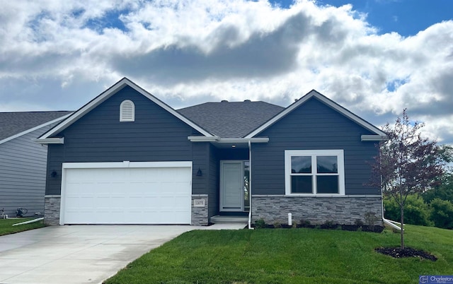 13075 S 44th Ave, Bellevue, NE 68123 - craftsman-style home featuring stone siding, driveway, a garage, a front yard, and roof with shingles