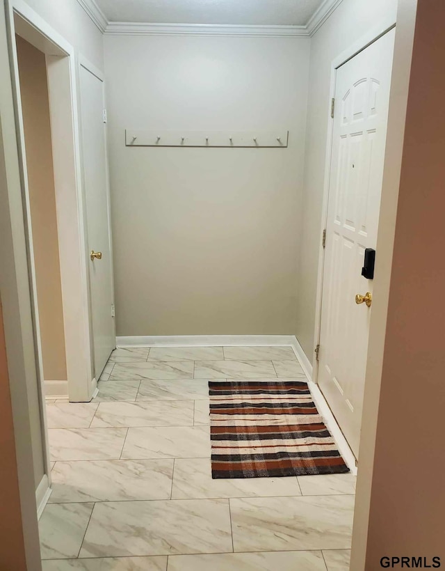 mudroom featuring ornamental molding