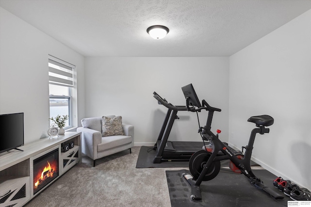 exercise room featuring a textured ceiling and carpet