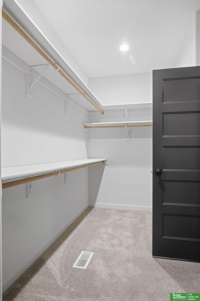 walk in closet with light colored carpet