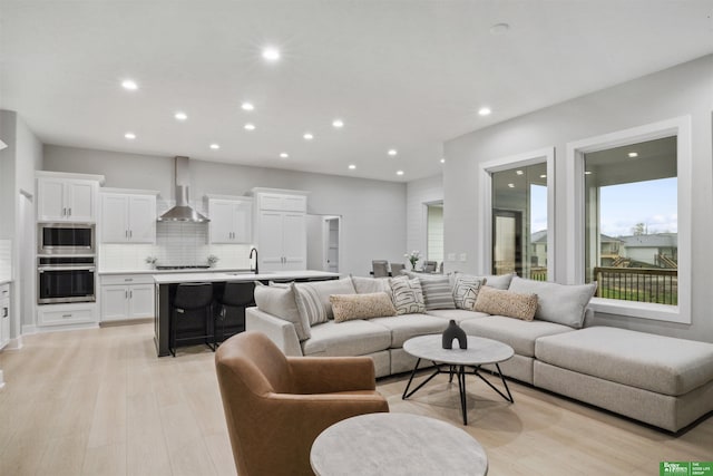 living room with light hardwood / wood-style floors and sink