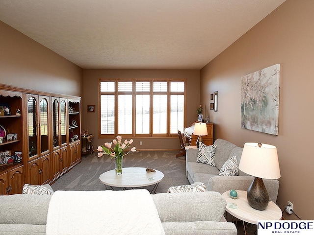 living room featuring a textured ceiling and dark carpet