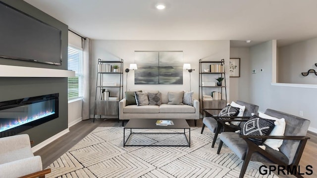 13521 Whitmore St, Omaha, NE 68142 - living room featuring wood finished floors, a glass covered fireplace, baseboards, and recessed lighting