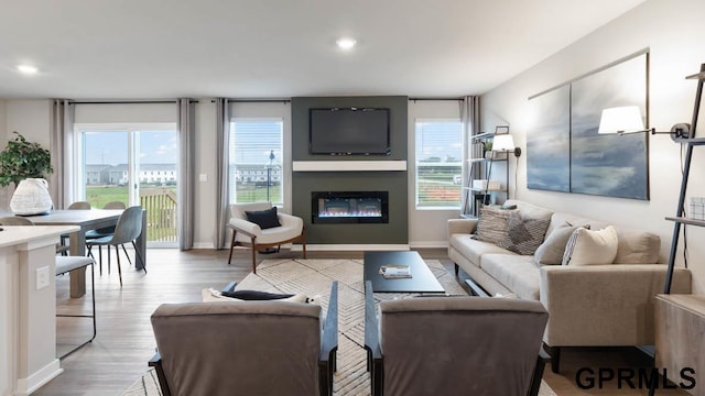 13521 Whitmore St, Omaha, NE 68142 - living area with a glass covered fireplace, wood finished floors, recessed lighting, and baseboards