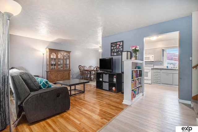 living room with sink, wood-type flooring, and a textured ceiling