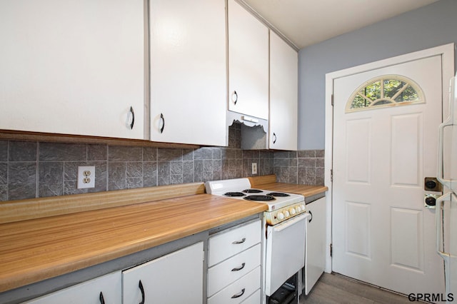 kitchen with white cabinetry, white electric range, wood-type flooring, and backsplash