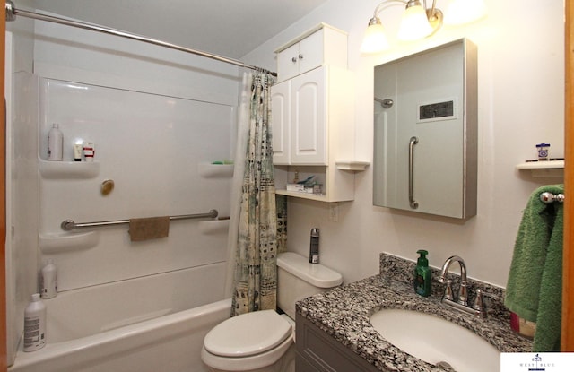 full bathroom featuring vanity, toilet, and shower / bathtub combination with curtain