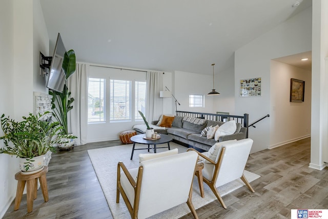 living room featuring high vaulted ceiling and light hardwood / wood-style flooring