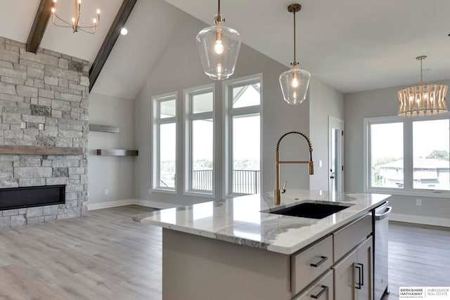 kitchen with plenty of natural light, sink, an island with sink, and light hardwood / wood-style flooring