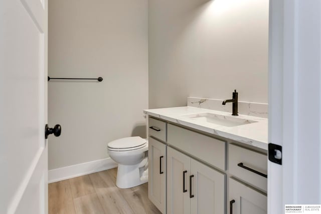 bathroom with wood-type flooring, vanity, and toilet