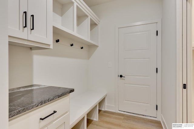 mudroom with light hardwood / wood-style floors