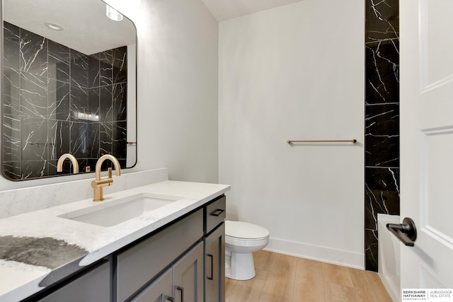 bathroom featuring wood-type flooring, vanity, and toilet