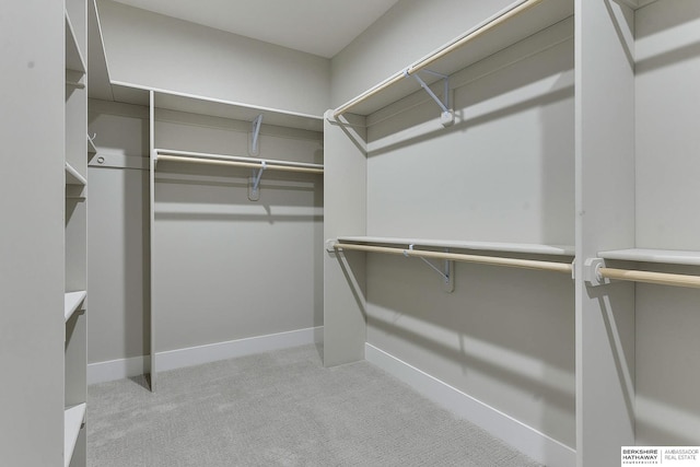 walk in closet featuring light carpet