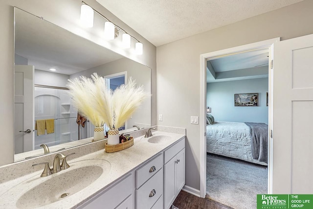 bathroom featuring vanity, hardwood / wood-style flooring, and a textured ceiling