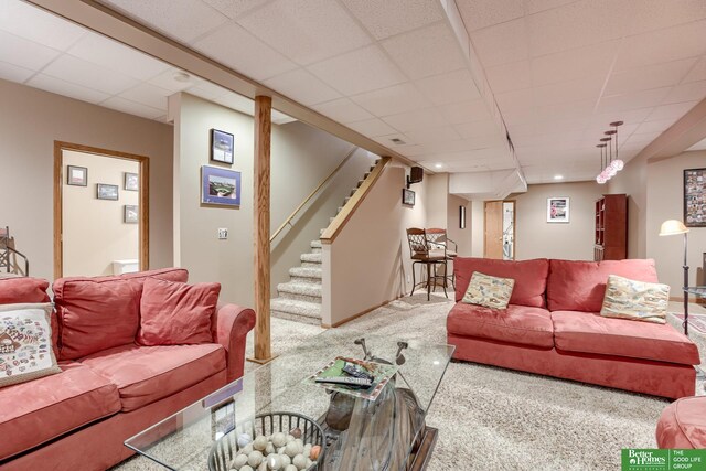 living room featuring a drop ceiling and carpet flooring