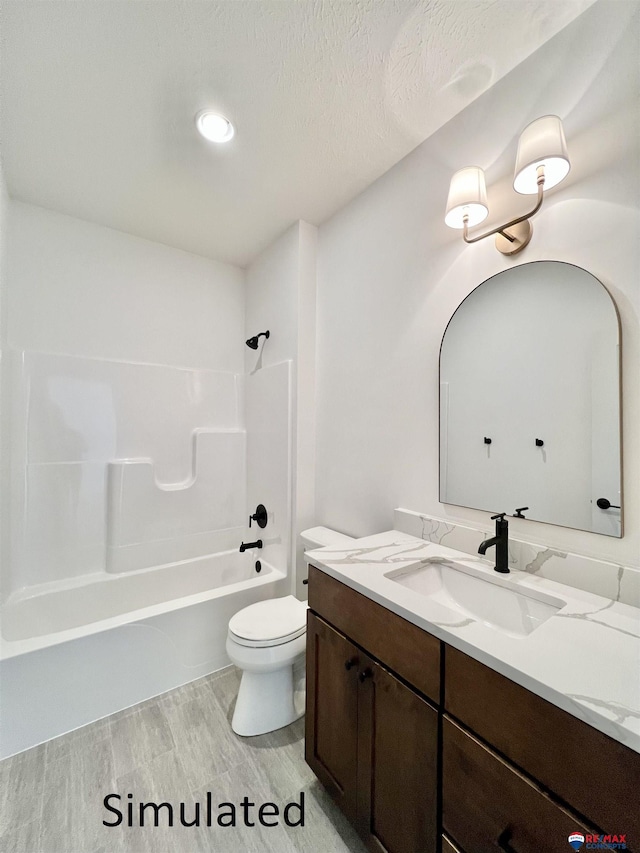 full bathroom with toilet, shower / bath combination, wood-type flooring, and vanity