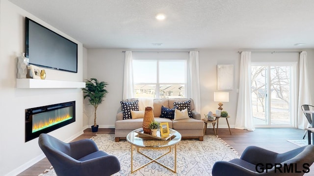 living room featuring hardwood / wood-style floors and a textured ceiling