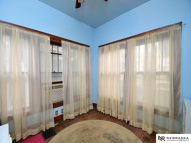 interior space with ceiling fan, multiple windows, and dark hardwood / wood-style flooring