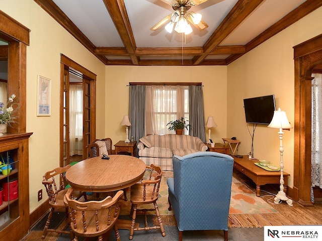 living room with hardwood / wood-style floors, beamed ceiling, and coffered ceiling