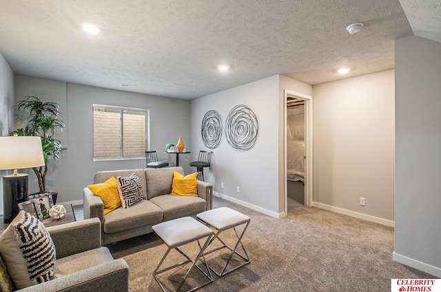 living room with a textured ceiling and carpet floors