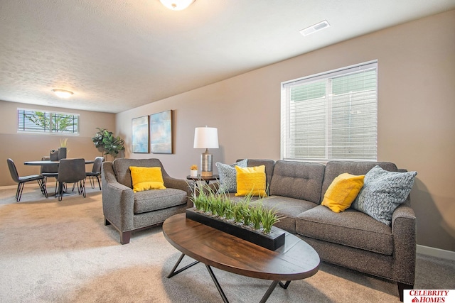 living room with carpet floors and a textured ceiling