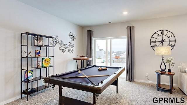 rec room with pool table and carpet flooring