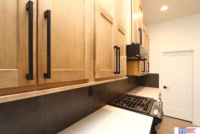 kitchen with light hardwood / wood-style flooring and stove