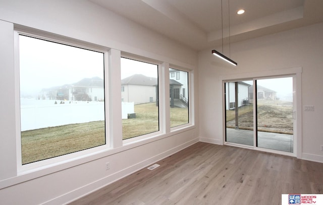 interior space with light hardwood / wood-style flooring and a raised ceiling