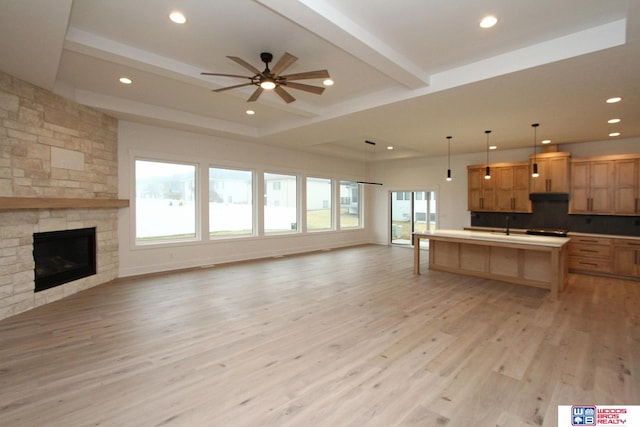 kitchen featuring light wood-type flooring, a healthy amount of sunlight, a center island with sink, and decorative light fixtures