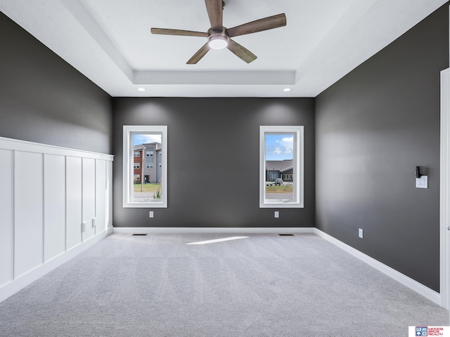 unfurnished room with a wealth of natural light, light colored carpet, and a raised ceiling