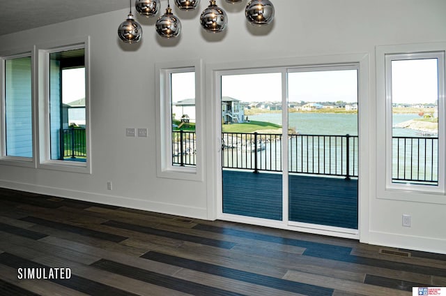 entryway featuring dark hardwood / wood-style flooring, a water view, and plenty of natural light